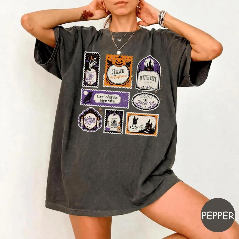Salem Witch Shirt, Halloween Stamp Collage Tee, Witch City 1692 T Shirt